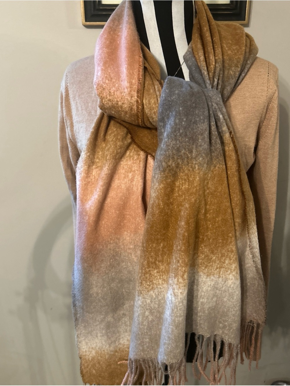 Pretty Persuasions Tan Grey Pink Scarf Long Brown Soft Cozy